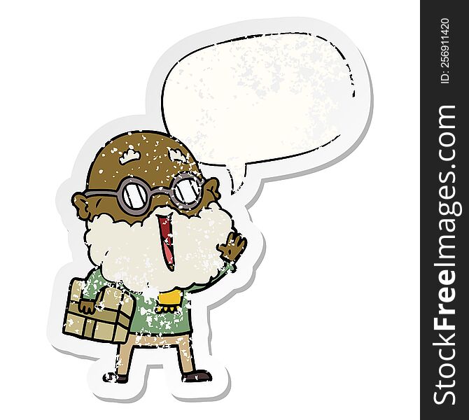 Cartoon Joyful Man And Beard And Parcel Under Arm And Speech Bubble Distressed Sticker