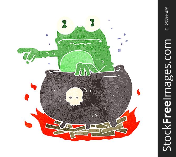 freehand retro cartoon halloween toad in cauldron