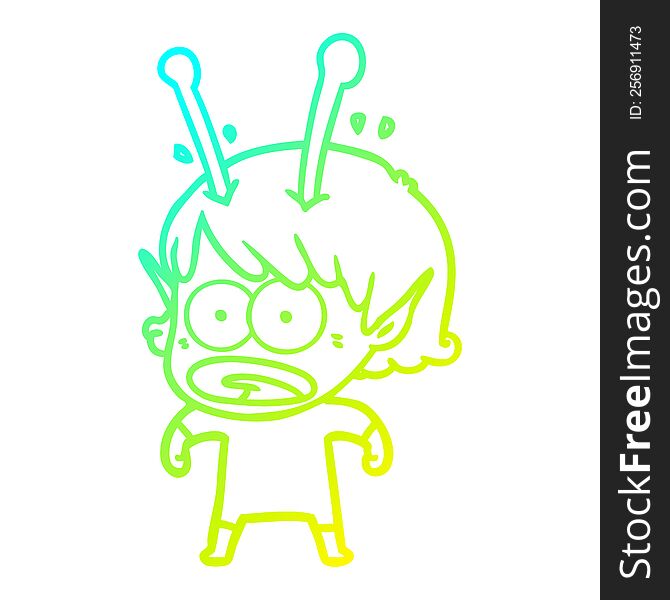 cold gradient line drawing of a cartoon shocked alien girl