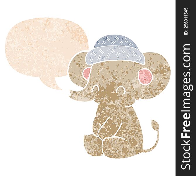 Cartoon Cute Elephant And Speech Bubble In Retro Textured Style