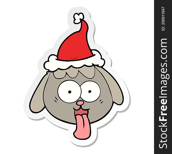 hand drawn sticker cartoon of a dog face panting wearing santa hat