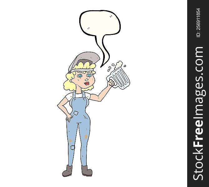 Speech Bubble Cartoon Hard Working Woman With Beer