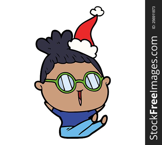Line Drawing Of A Woman Wearing Spectacles Wearing Santa Hat