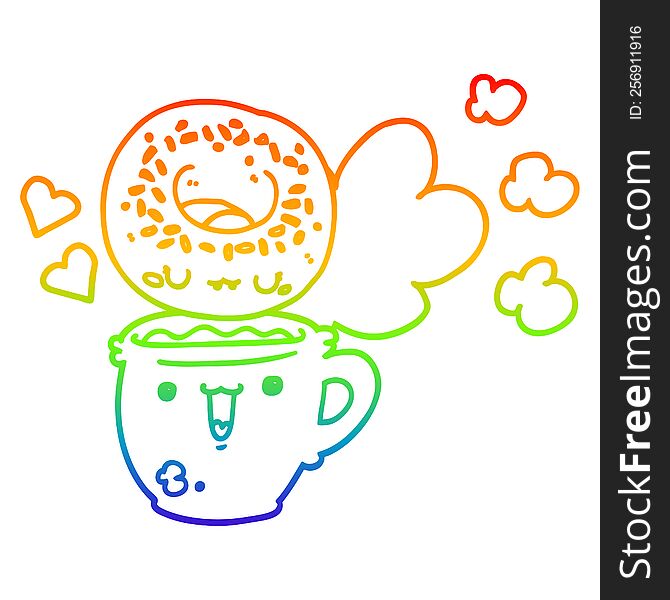 rainbow gradient line drawing of a cute cartoon donut and coffee