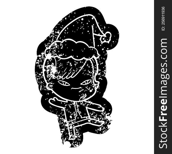 cute cartoon distressed icon of a girl with hipster haircut wearing santa hat