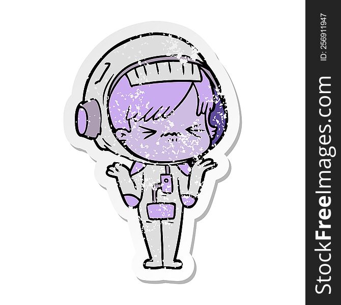 distressed sticker of a confused cartoon space girl