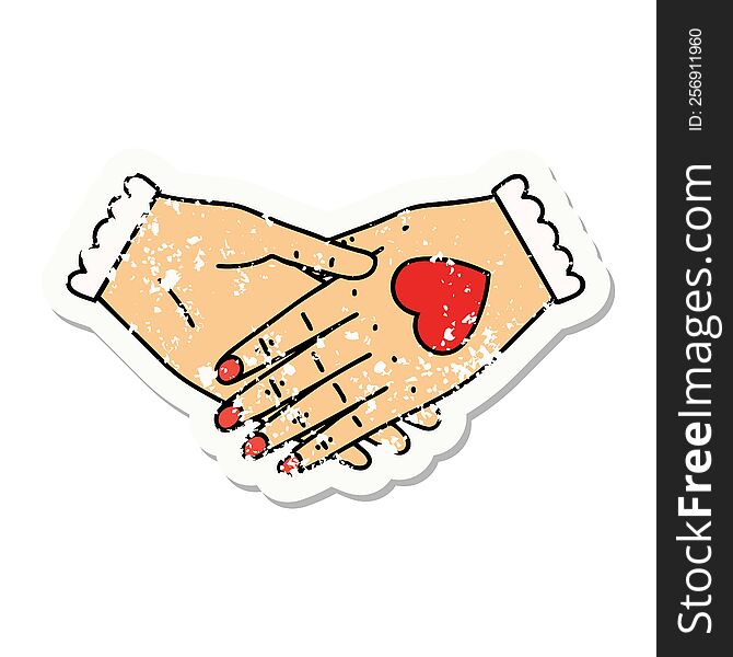 Traditional Distressed Sticker Tattoo Of A Pair Of Hands