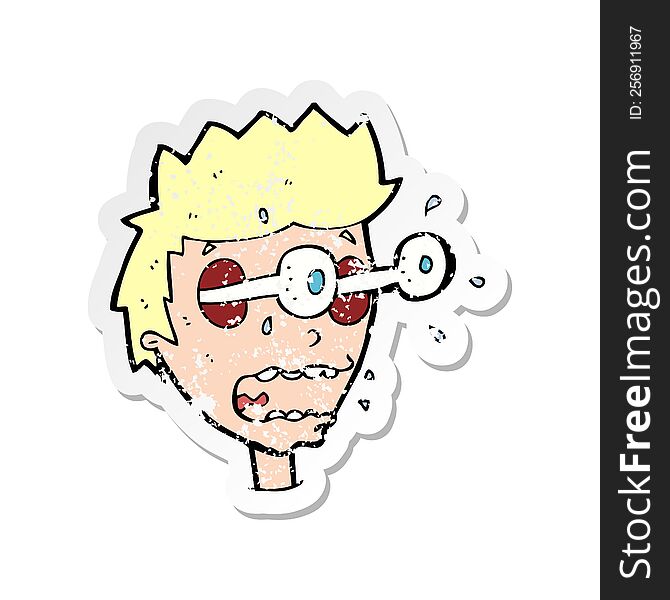 retro distressed sticker of a cartoon surprised man with eyes popping out