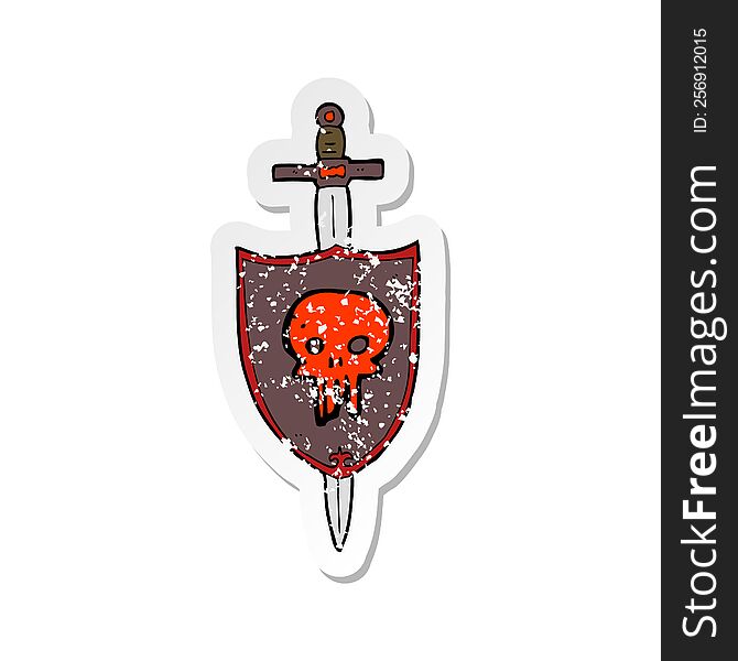 Retro Distressed Sticker Of A Cartoon Heraldic Shield With Skull