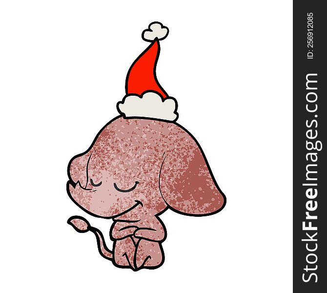 hand drawn textured cartoon of a smiling elephant wearing santa hat