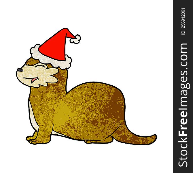 laughing otter textured cartoon of a wearing santa hat