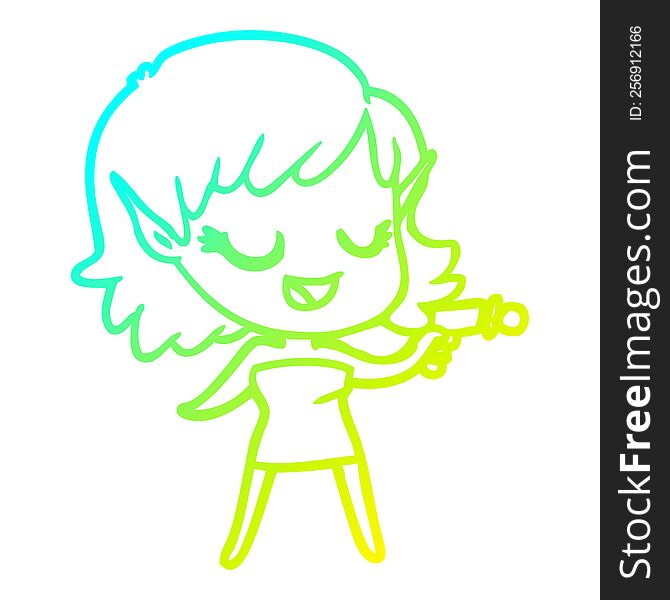 cold gradient line drawing happy cartoon space girl with ray gun