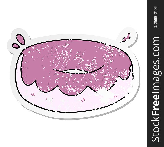 Distressed Sticker Of A Quirky Hand Drawn Cartoon Iced Donut