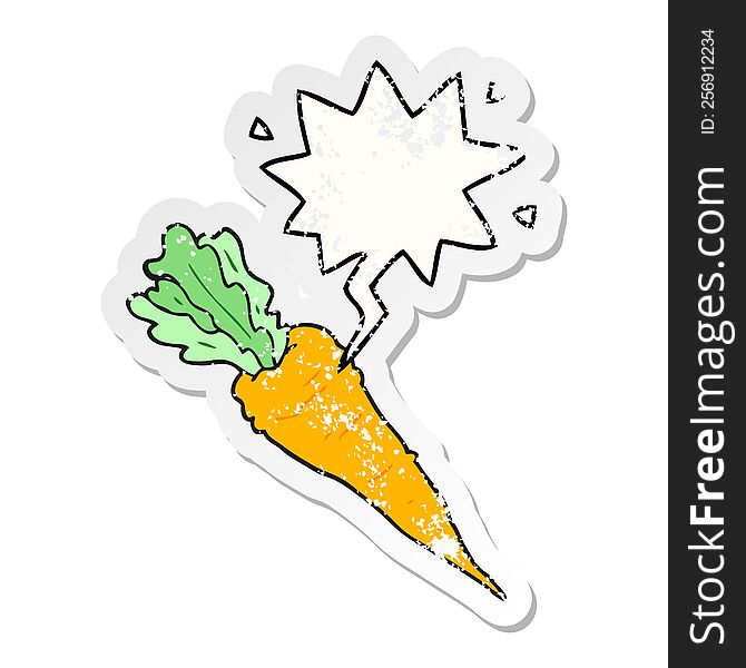 cartoon carrot with speech bubble distressed distressed old sticker. cartoon carrot with speech bubble distressed distressed old sticker