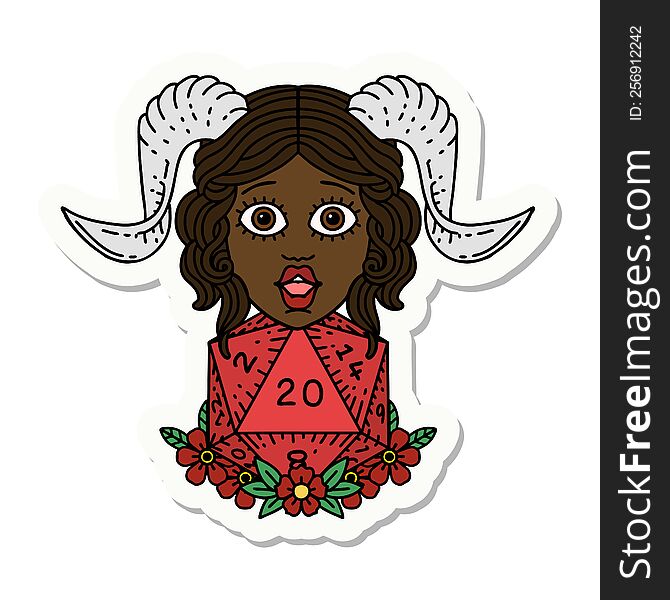 sticker of a tiefling with D20 natural twenty dice roll. sticker of a tiefling with D20 natural twenty dice roll