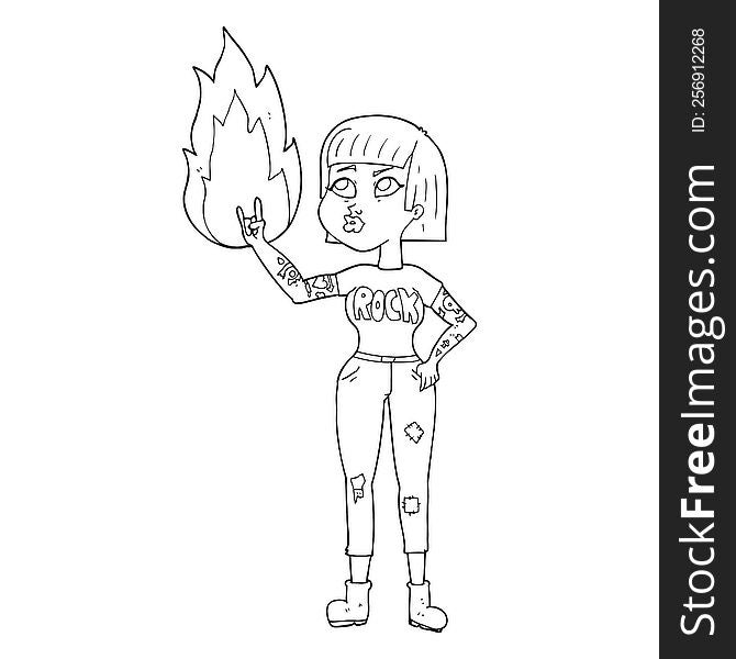 freehand drawn black and white cartoon rock girl