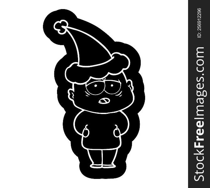 quirky cartoon icon of a tired bald man wearing santa hat