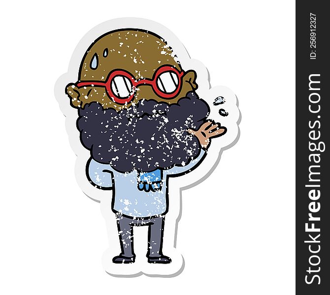 Distressed Sticker Of A Cartoon Worried Man With Beard And Spectacles