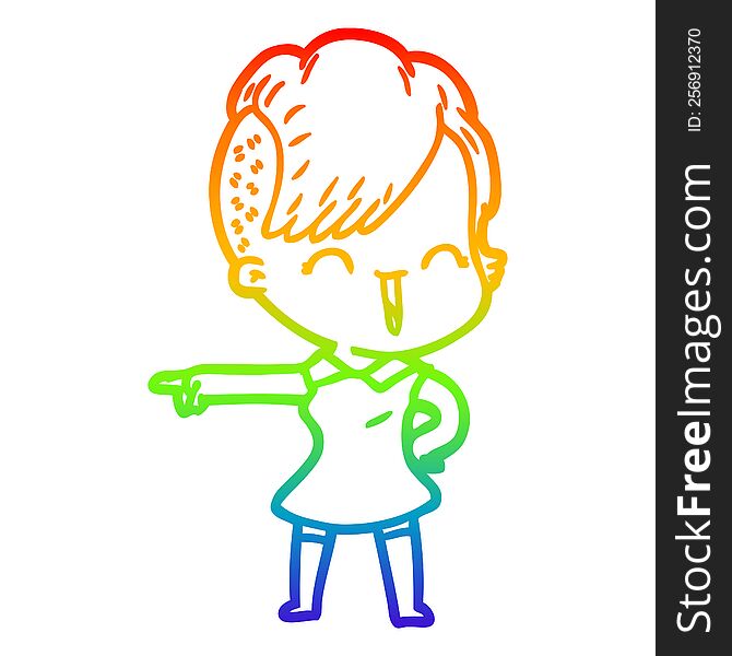 rainbow gradient line drawing of a cartoon happy hipster girl