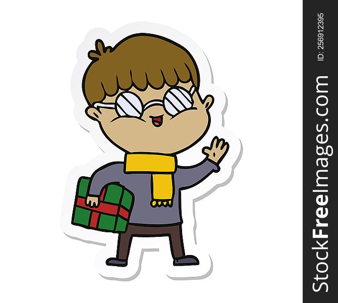 Sticker Of A Cartoon Boy Wearing Spectacles Carrying Gift