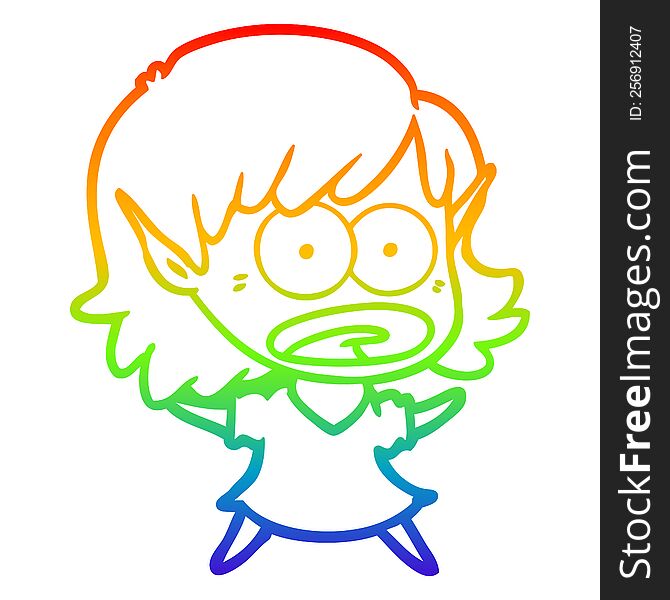 rainbow gradient line drawing of a cartoon shocked elf girl