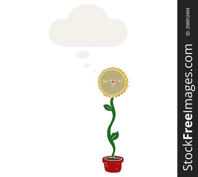 cartoon sunflower with thought bubble in retro style