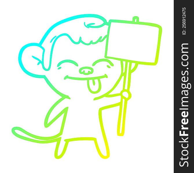 cold gradient line drawing of a funny cartoon monkey with placard