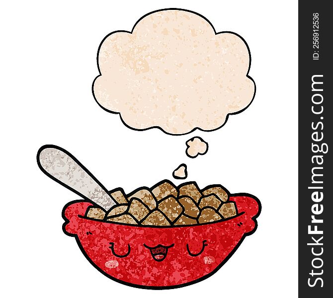 cute cartoon bowl of cereal with thought bubble in grunge texture style. cute cartoon bowl of cereal with thought bubble in grunge texture style