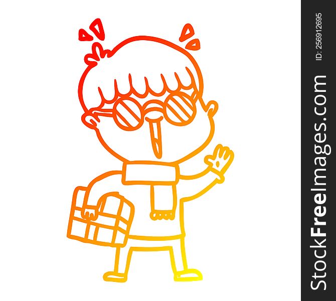 Warm Gradient Line Drawing Cartoon Boy With Parcel Waving