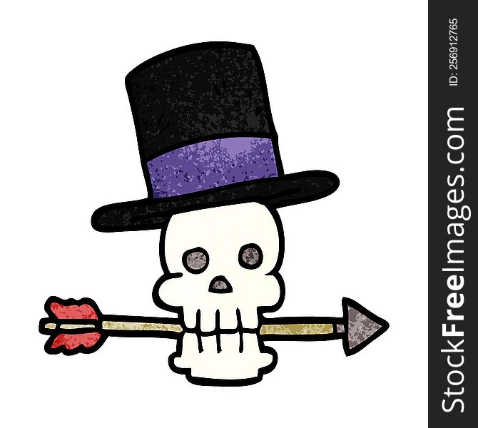 Cartoon Doodle Skull With Top Hat And Arrow