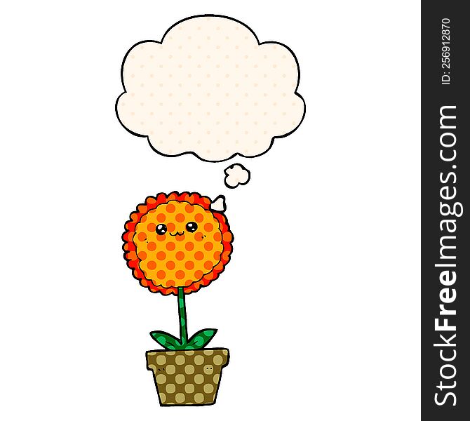 cartoon flower with thought bubble in comic book style