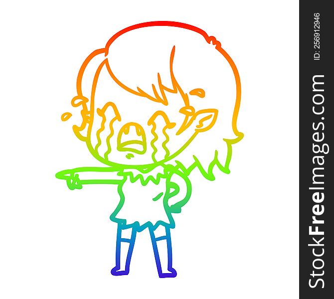rainbow gradient line drawing of a cartoon crying vampire girl