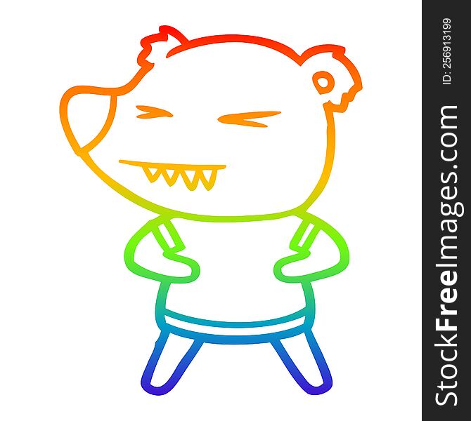 rainbow gradient line drawing of a angry bear cartoon in t shirt