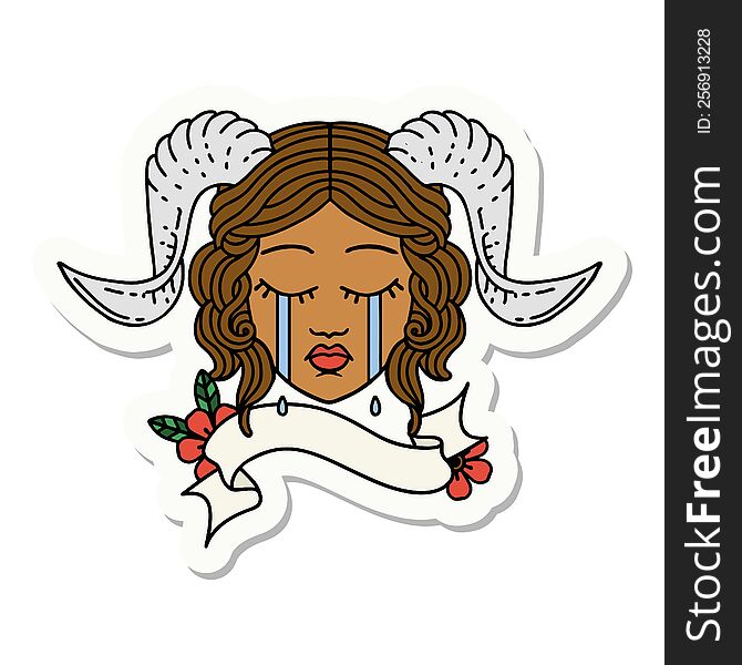 sticker of a crying tiefling character face with scroll banner. sticker of a crying tiefling character face with scroll banner