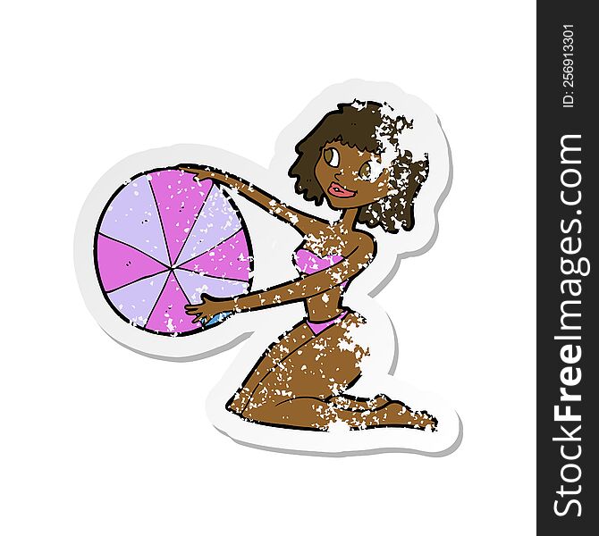 retro distressed sticker of a cartoon bikini girl with beach ball