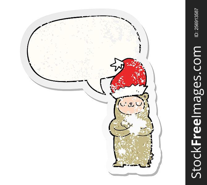 cartoon bear wearing christmas hat with speech bubble distressed distressed old sticker. cartoon bear wearing christmas hat with speech bubble distressed distressed old sticker