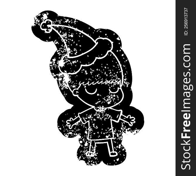 quirky cartoon distressed icon of a calm boy wearing santa hat