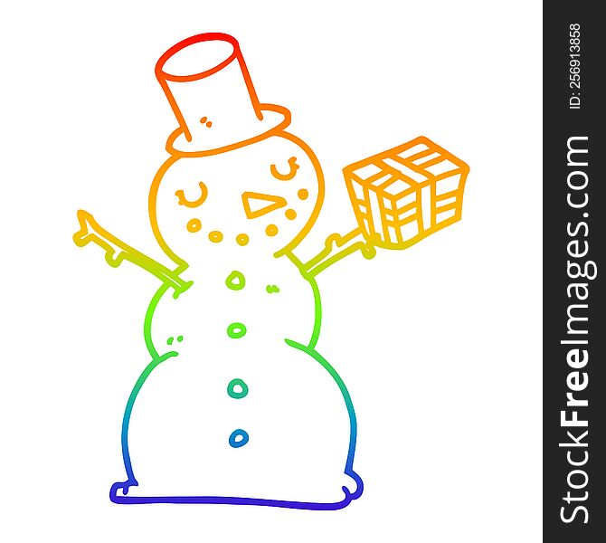 rainbow gradient line drawing of a cartoon snowman
