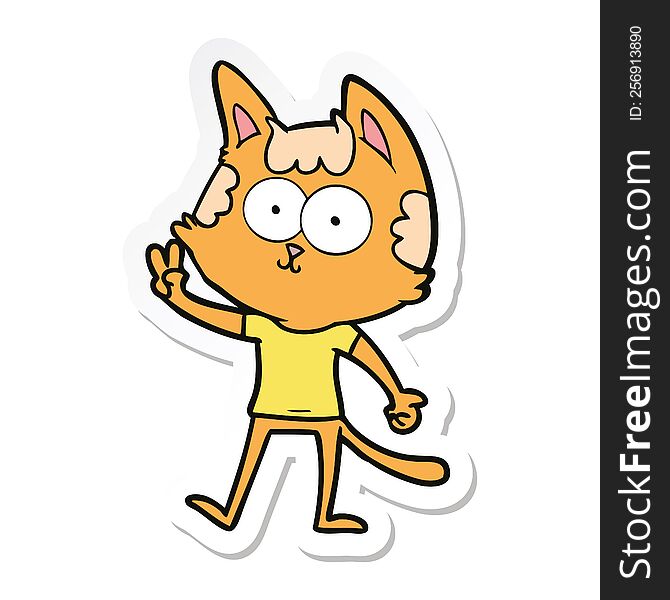 sticker of a happy cartoon cat giving peace sign
