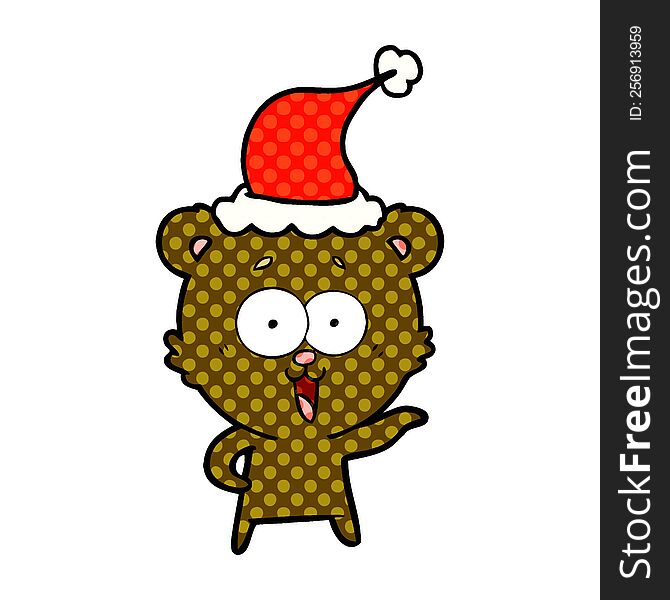 laughing teddy  bear hand drawn comic book style illustration of a wearing santa hat