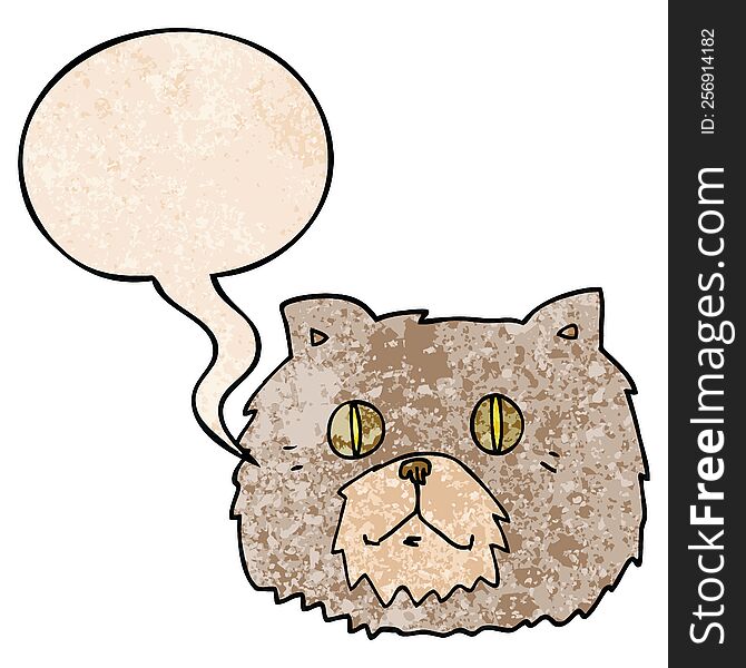 cartoon cat face with speech bubble in retro texture style