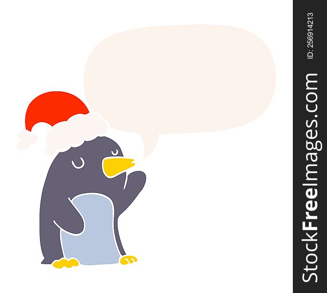 cute cartoon christmas penguin with speech bubble in retro style