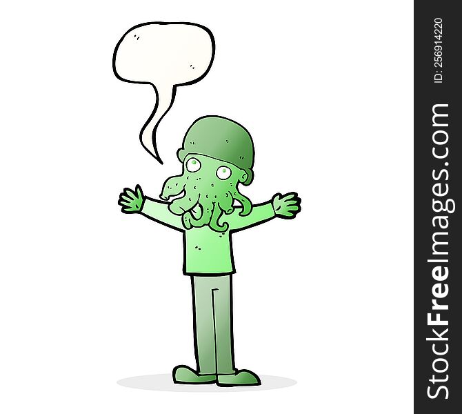 cartoon alien squid face man with speech bubble