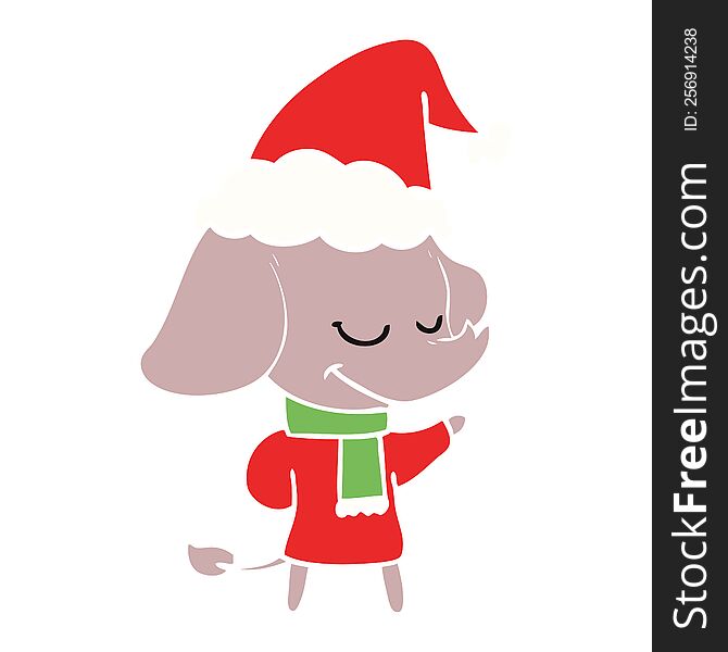 hand drawn flat color illustration of a smiling elephant wearing scarf wearing santa hat