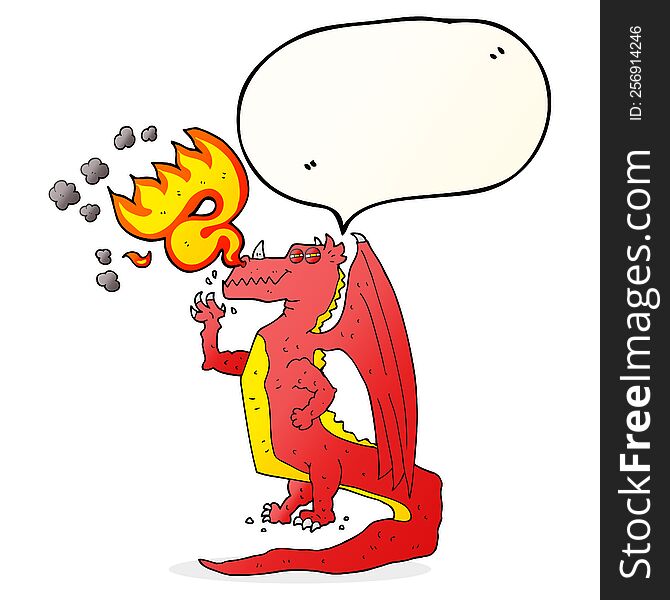 freehand drawn speech bubble cartoon happy dragon breathing fire