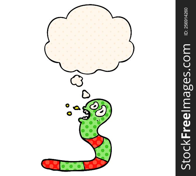 cartoon frightened worm with thought bubble in comic book style