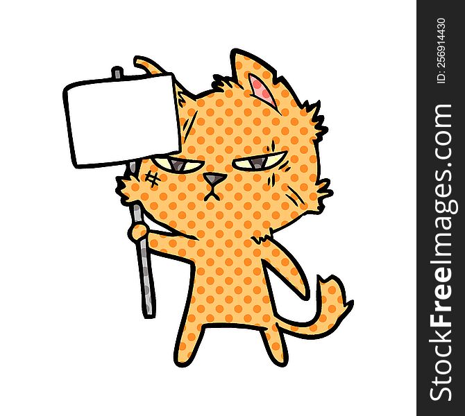 tough cartoon cat with protest sign. tough cartoon cat with protest sign