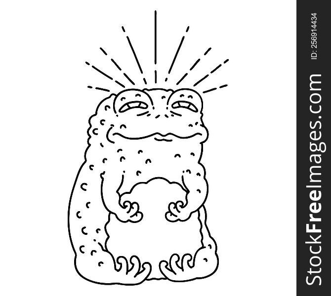 illustration of a traditional black line work tattoo style toad character