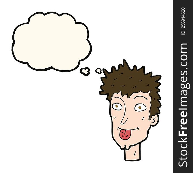 cartoon man sticking out tongue with thought bubble