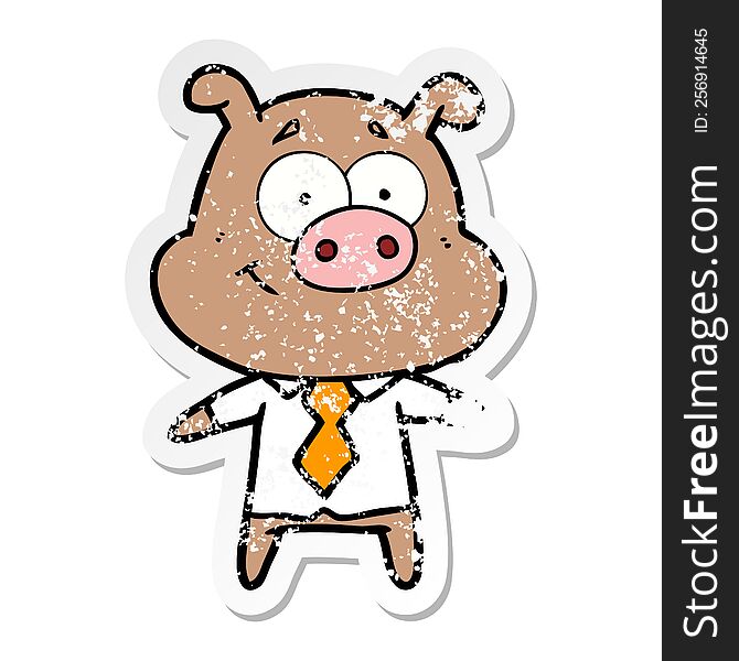 distressed sticker of a happy cartoon pig boss